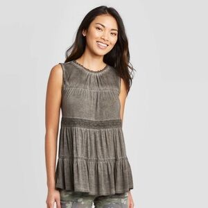 KNOX ROSE / Green Oilwashed Tiered Tank Top Size M